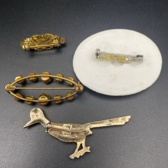 Vtg Brooch Lot Porcelain Floral AB Rhinestone Roadrunner Gold Tone Pins 1950-70s - Picture 2 of 15